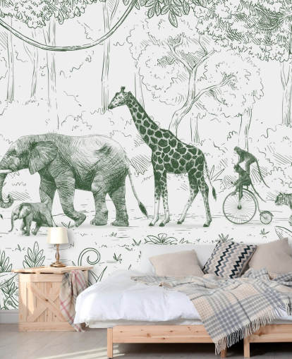 kids jungle animal wall mural in green