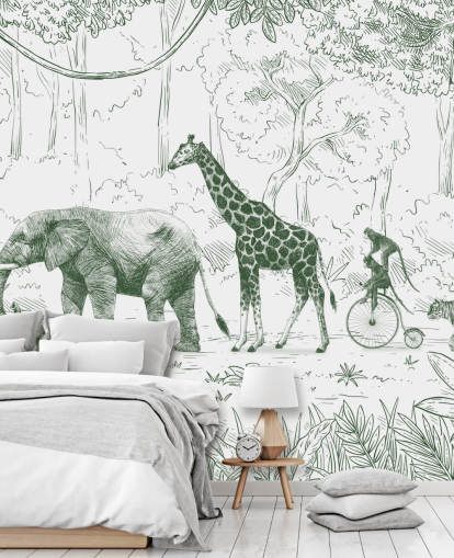 kids jungle animal wall mural in green kids jungle animal wall mural in green