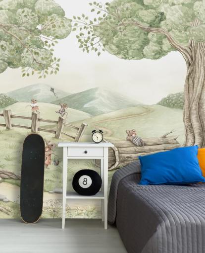 mural de paisagem infantil com família de ratos