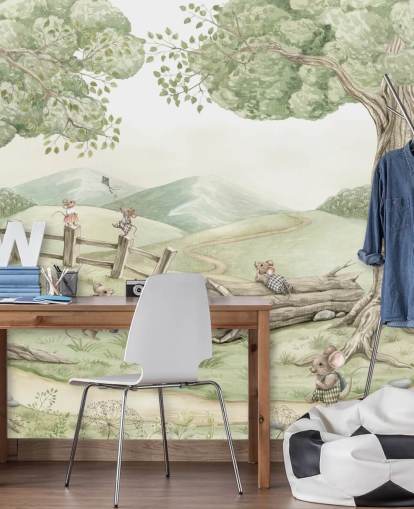 kids landscape mural with mouse family