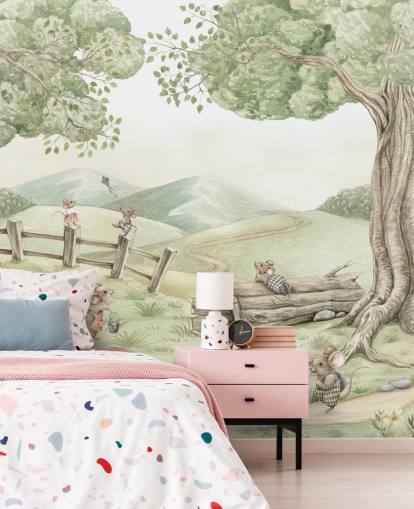 mural de paisaje infantil con familia de ratones