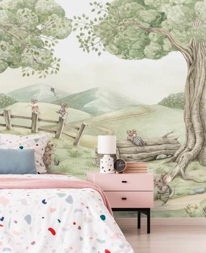 landschapsmuurschildering voor kinderen met muizenfamilie