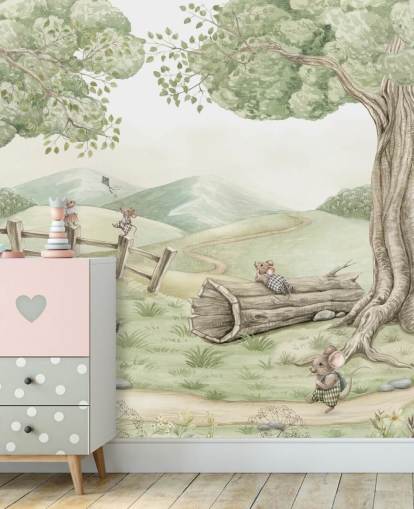 Landschaftswandbild für Kinder mit Mäusefamilie Landschaftswandbild für Kinder mit Mäusefamilie
