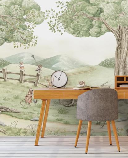 kids landscape mural with mouse family