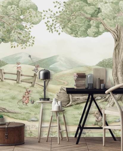 kids landscape mural with mouse family