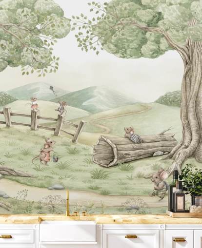 kids landscape mural with mouse family