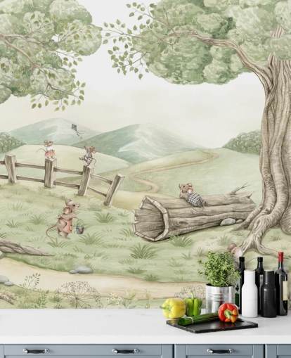 kids landscape mural with mouse family