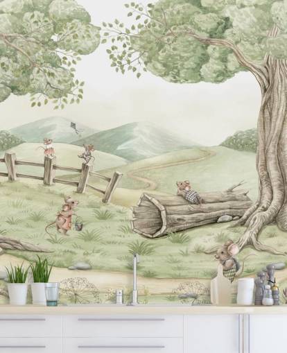mural de paisaje infantil con familia de ratones mural de paisaje infantil con familia de ratones