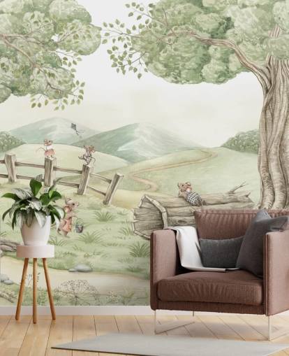 kids landscape mural with mouse family