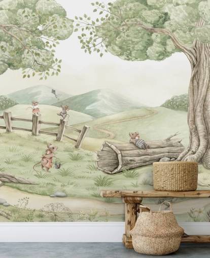 mural de paisaje infantil con familia de ratones mural de paisaje infantil con familia de ratones