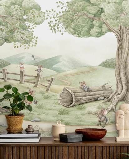 kids landscape mural with mouse family