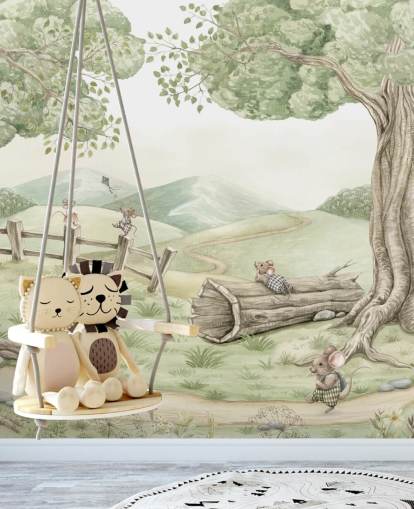 Landschaftswandbild für Kinder mit Mäusefamilie Landschaftswandbild für Kinder mit Mäusefamilie