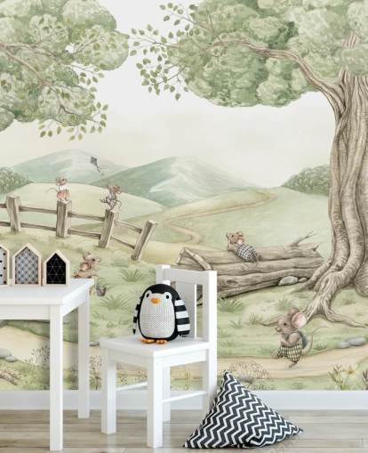 mural de paisaje infantil con familia de ratones