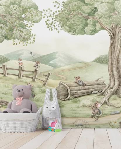 mural de paisaje infantil con familia de ratones