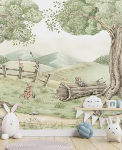 murale con paesaggio per bambini con famiglia di topi
