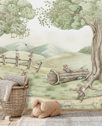 mural de paisagem infantil com família de ratos