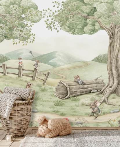 kids landscape mural with mouse family