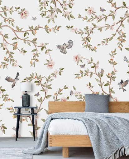 chinoiserie tapet väggmålning med rosor och fåglar