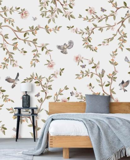 Chinoiserie-Tapetenwandbild mit Rosen und Vögel Chinoiserie-Tapetenwandbild mit Rosen und Vögel