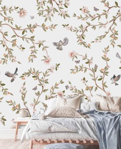mural de papel pintado de chinoiserie con rosas y pájaros