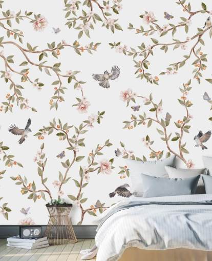 mural de papel pintado de chinoiserie con rosas y pájaros