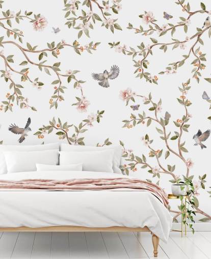 Chinoiserie-Tapetenwandbild mit Rosen und Vögel Chinoiserie-Tapetenwandbild mit Rosen und Vögel