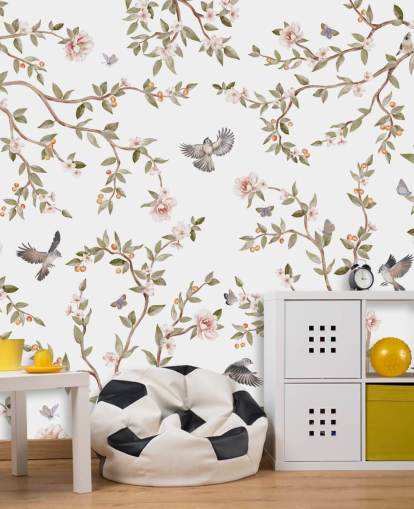 mural de papel de parede chinoiserie com rosas e pássaros