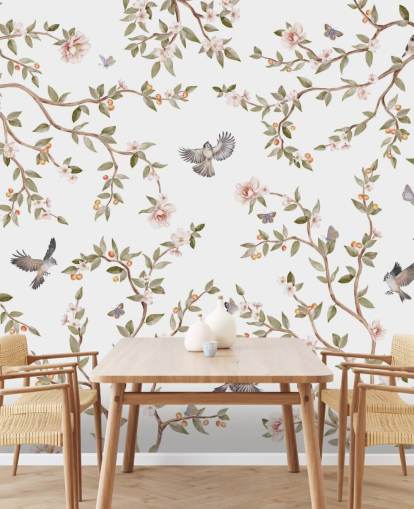 chinoiserie wallpaper mural with roses and birds chinoiserie wallpaper mural with roses and birds