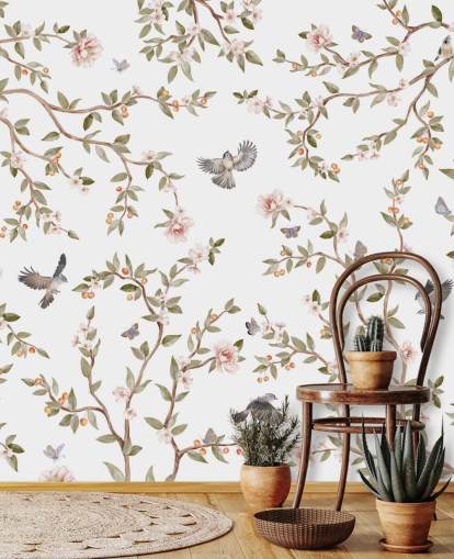 chinoiserie tapet väggmålning med rosor och fåglar
