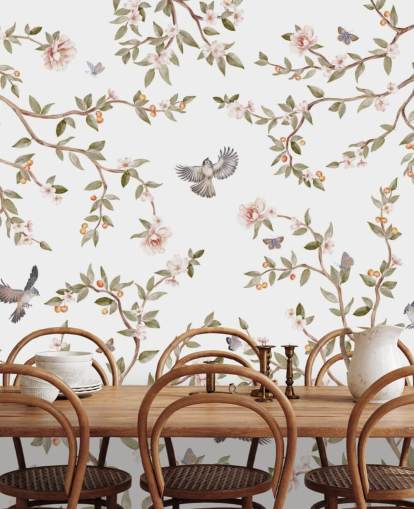 mural de papel pintado de chinoiserie con rosas y pájaros