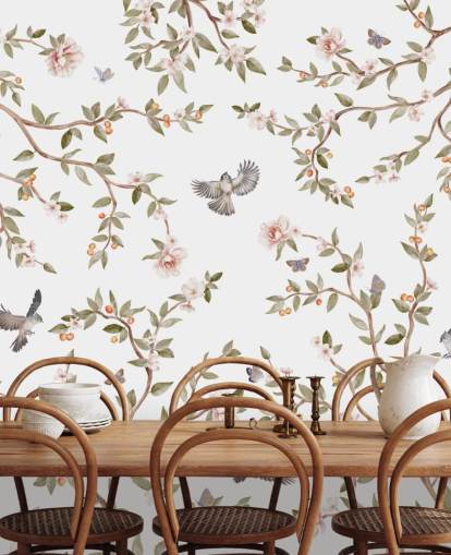 chinoiserie tapet veggmaleri med roser og fugler chinoiserie tapet veggmaleri med roser og fugler