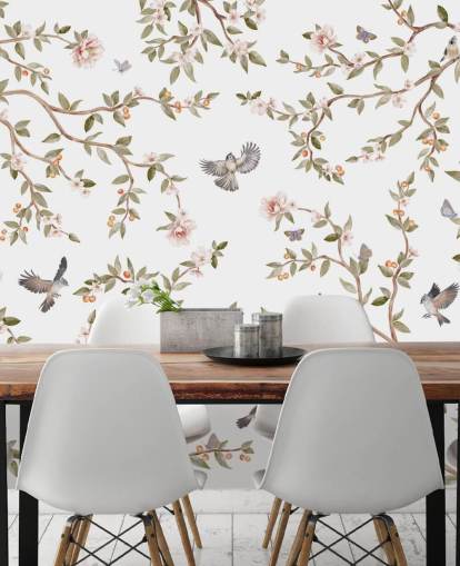 chinoiserie wallpaper mural with roses and birds
