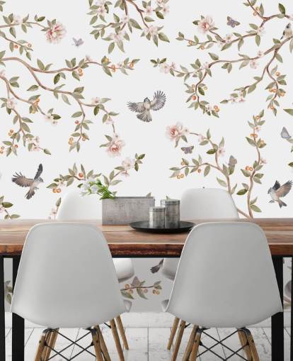 chinoiserie behangmuurschildering met rozen en vogels