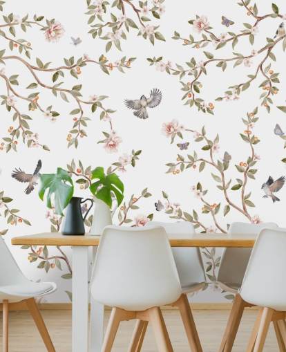 mural de papel pintado de chinoiserie con rosas y pájaros