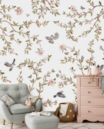papier peint mural chinoiserie avec des roses et des oiseaux