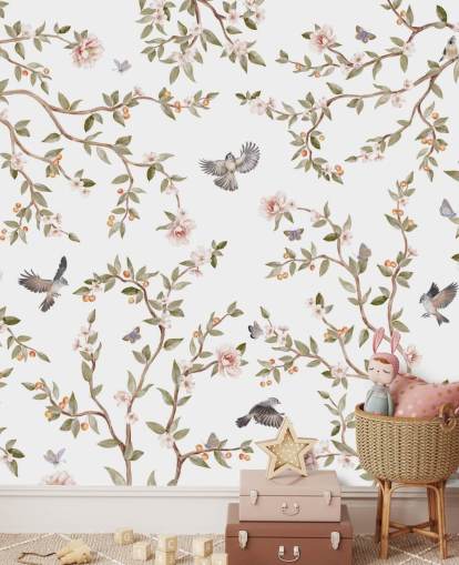papier peint mural chinoiserie avec des roses et des oiseaux