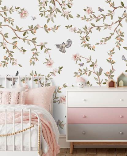 chinoiserie wallpaper mural with roses and birds