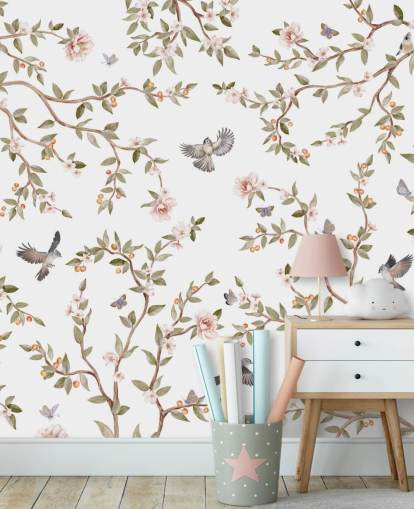 Chinoiserie-Tapetenwandbild mit Rosen und Vögel