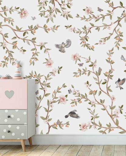 chinoiserie behangmuurschildering met rozen en vogels chinoiserie behangmuurschildering met rozen en vogels