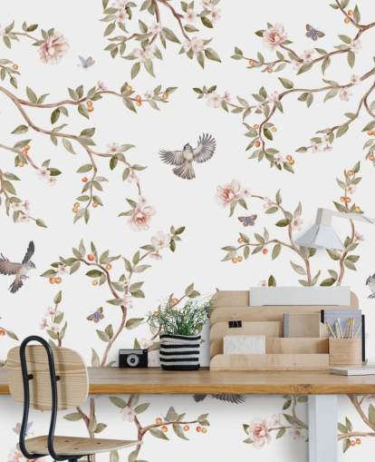 mural de papel pintado de chinoiserie con rosas y pájaros