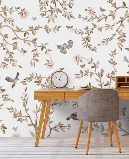 mural de papel pintado de chinoiserie con rosas y pájaros