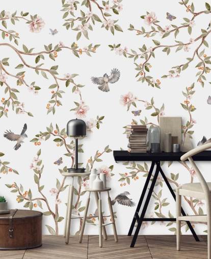 chinoiserie behangmuurschildering met rozen en vogels