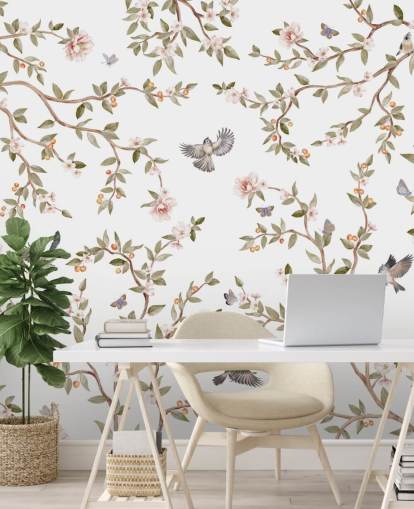mural de papel pintado de chinoiserie con rosas y pájaros