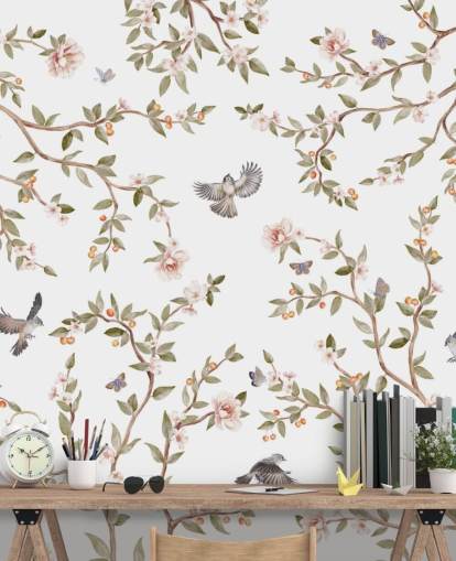 chinoiserie wallpaper mural with roses and birds chinoiserie wallpaper mural with roses and birds