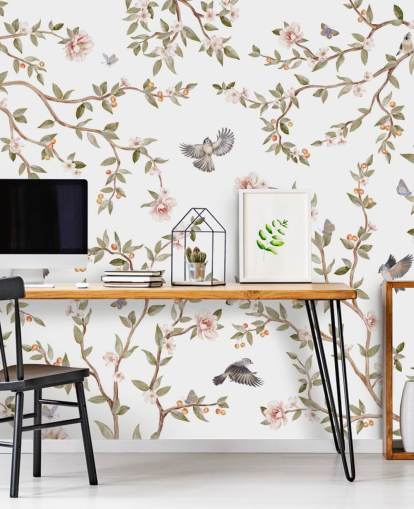 mural de papel pintado de chinoiserie con rosas y pájaros mural de papel pintado de chinoiserie con rosas y pájaros