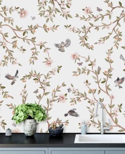 mural de papel pintado de chinoiserie con rosas y pájaros