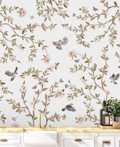 mural de papel pintado de chinoiserie con rosas y pájaros