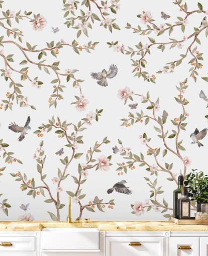 chinoiserie tapet väggmålning med rosor och fåglar chinoiserie tapet väggmålning med rosor och fåglar