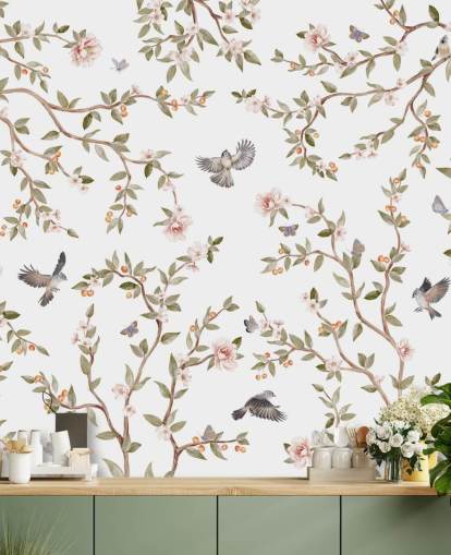 chinoiserie wallpaper mural with roses and birds chinoiserie wallpaper mural with roses and birds