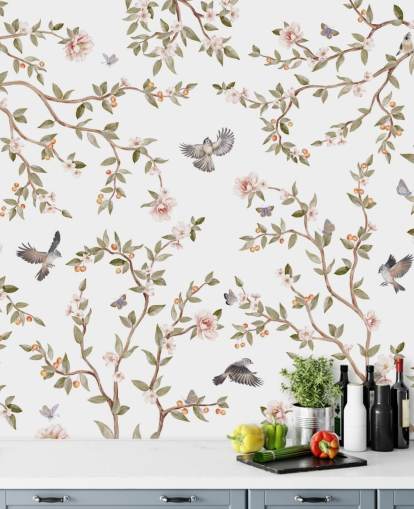 papier peint mural chinoiserie avec des roses et des oiseaux